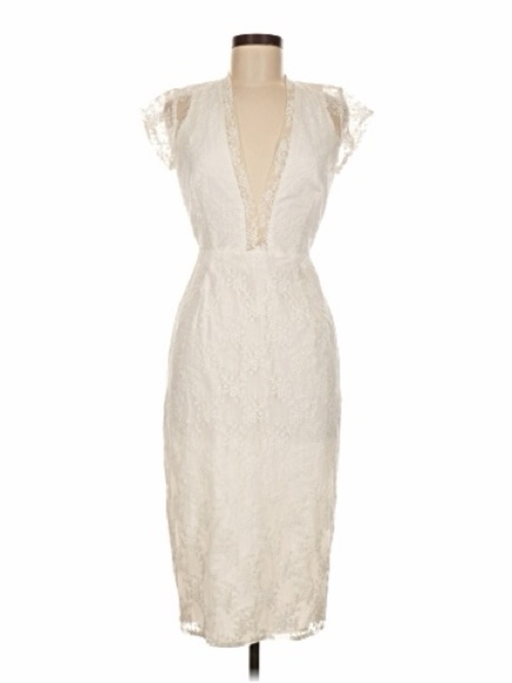 Elegant Ivory Lace Midi Dress with Deep V and Cap Sleeves